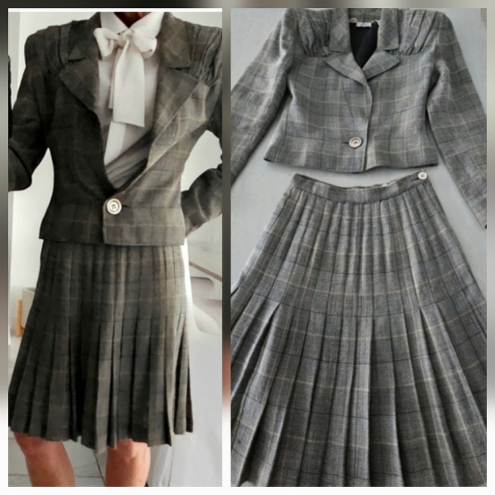 Valentino Boutique Vintage Grey Plaid Pleated Skirt & Blazer Set Circa 1980